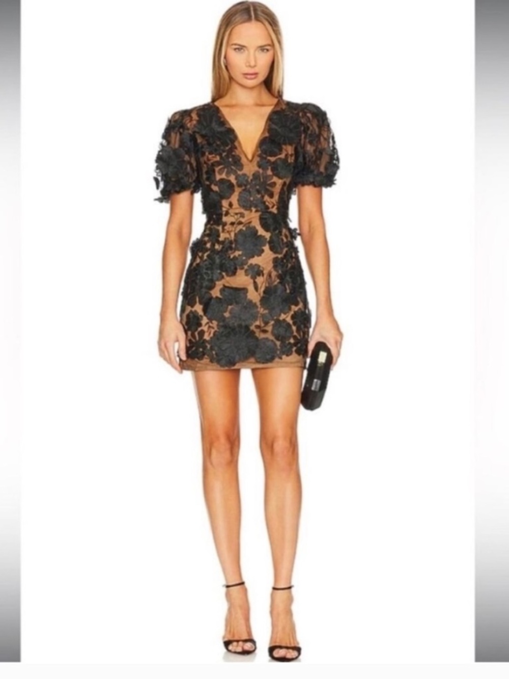 elliatt rosalind black floral applique 3d puff sleeve mini dress size large NEW
